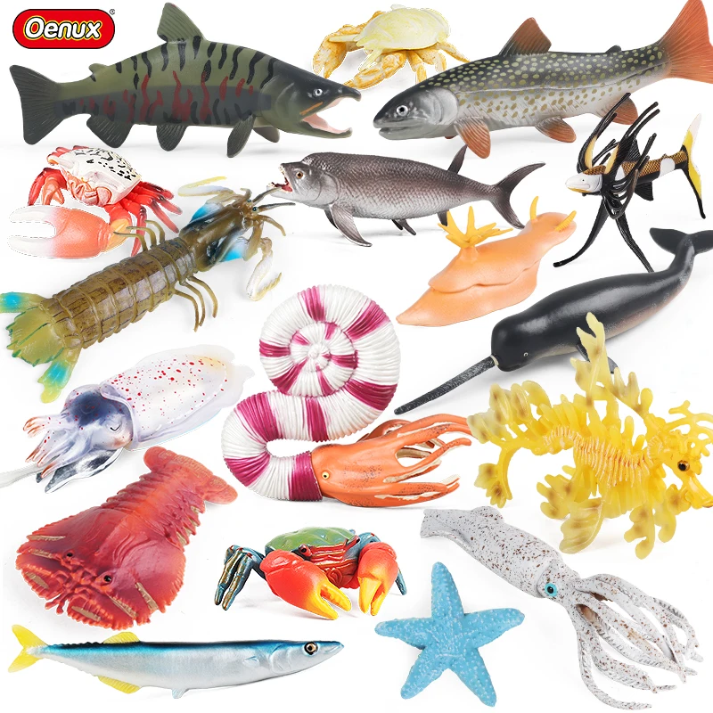 Oenux Sea Life Animals Toy Simulation Squid Shrimp Crab Starfish Salmon Model Action Figures PVC Educational Collection Kid Gift