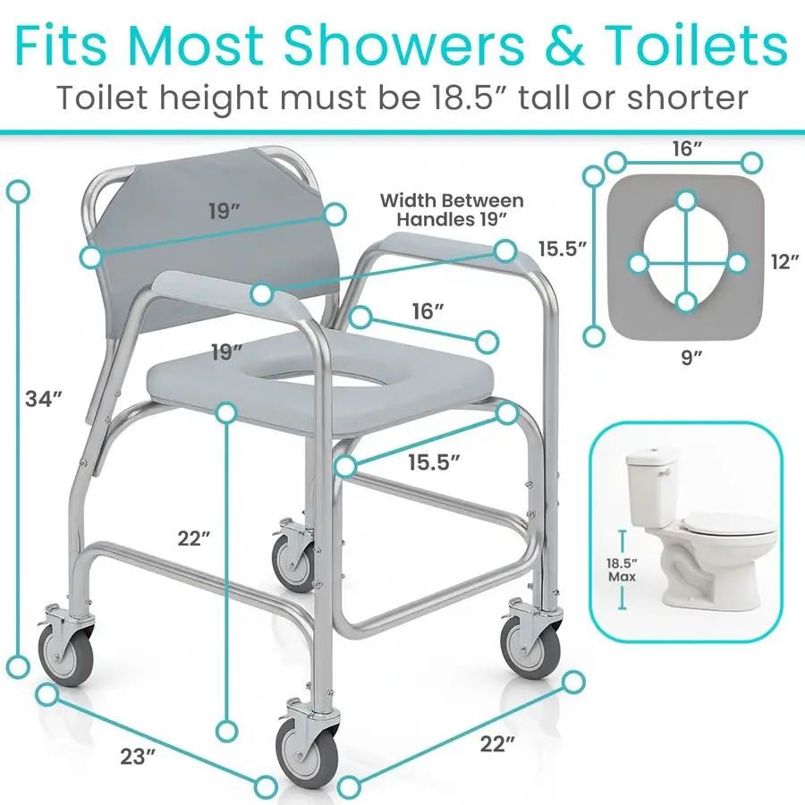 Shower Chair amp Toilet Riser with Wheels Rolling Bathroom Seat for Elderly, Disabled, Handicapped Adjustable Senior Raised Bath