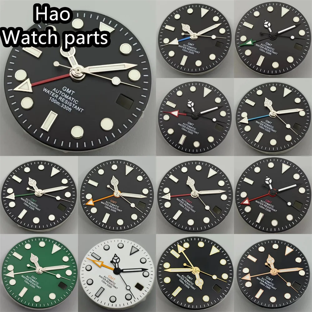 

BLIGER 29mm GMT Watch Dial Black White Green Dial With Hand Set Orange Red Green GMT Text C3 Green Luminous Fit NH34 Movement