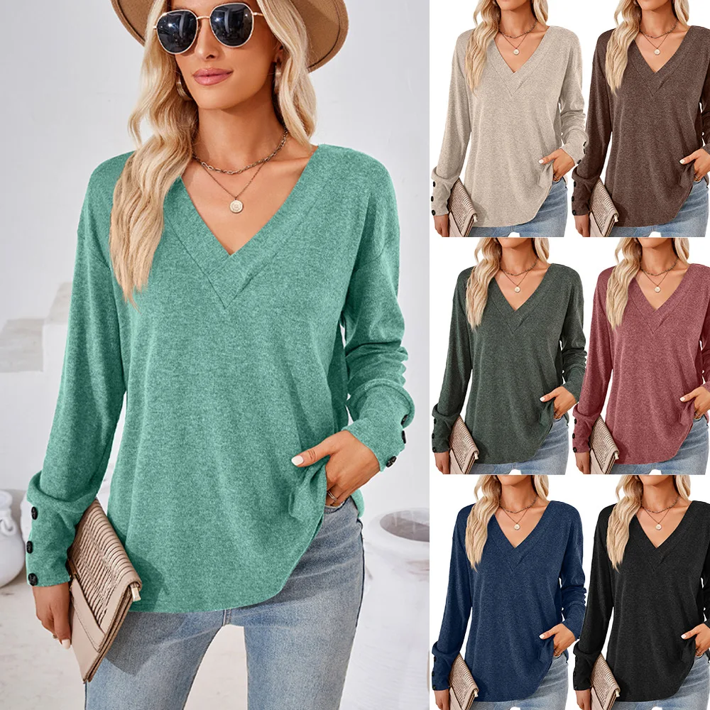 

Women's V-neck Button-up Long Sleeve Loose T-shirt