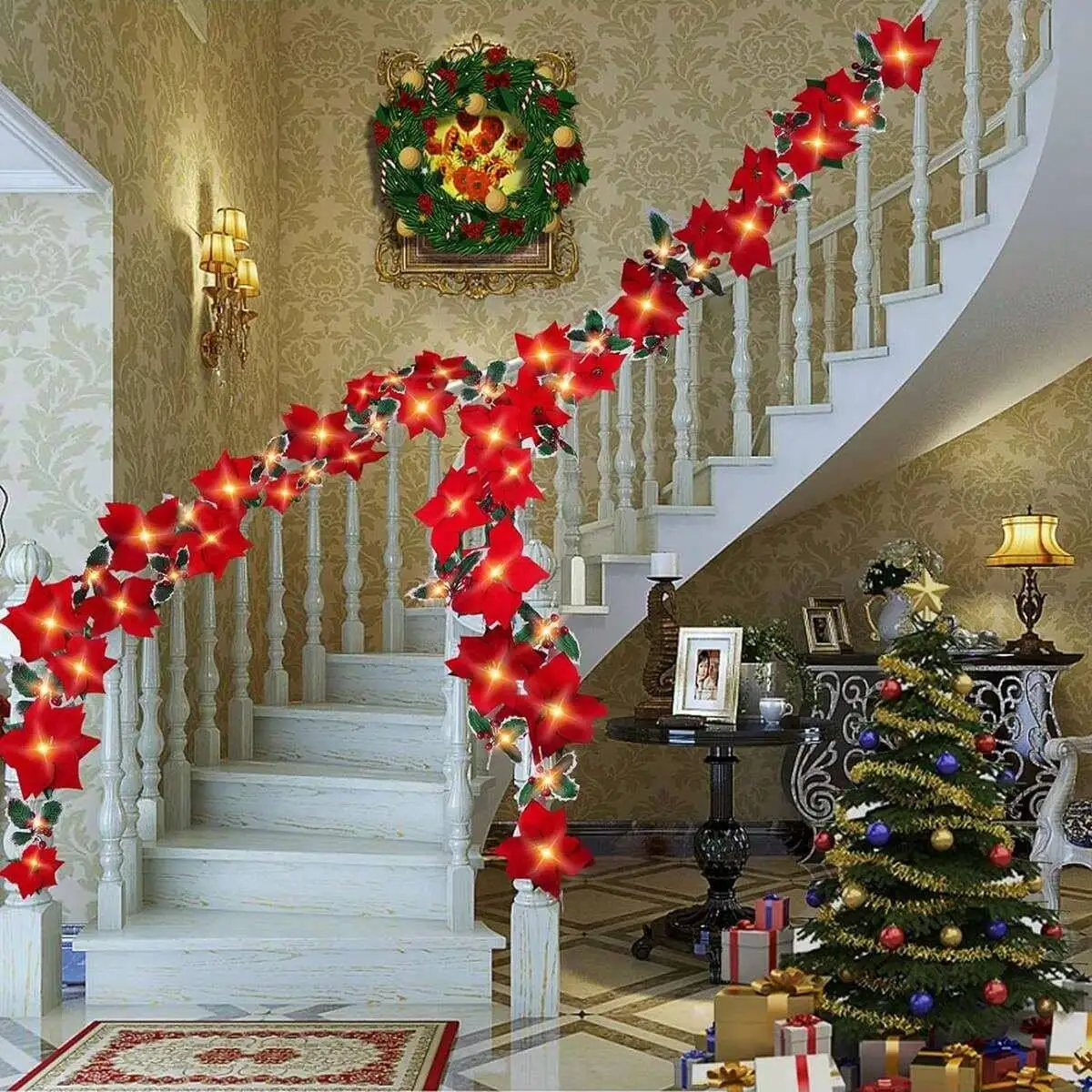 1pc Red Poinsettia Floral String Lights Durable Plastic Holiday Lights Battery Powered Garland For Home Indoor Outdoor Decor
