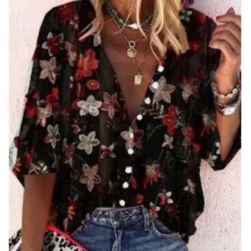 

2024 New Women's Printed Stand Collar Open Cardigan Thiened Summer irt Quali Fabric Made in China Ladies Premium irt