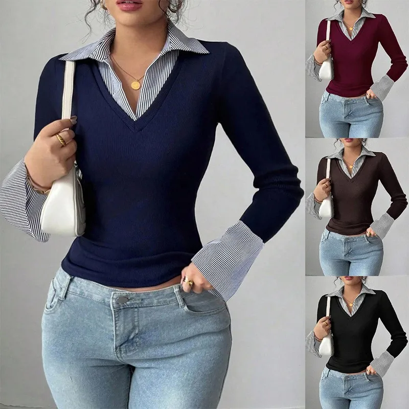Patchwork Long Sleeve Top Slim Fit Streetwear with Notched Collar False Two T Shirts Autumn Elegant Daily No Pattern for Women