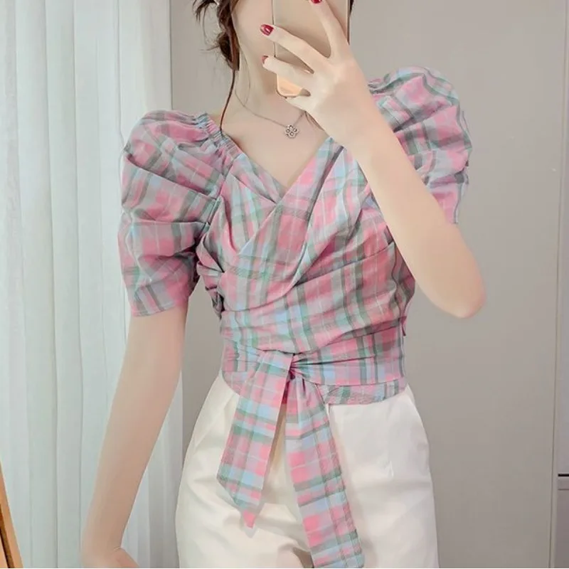 Lolita Style Sweet Plaid Blouses 2024 Summer New Women\'s Slash Neck Patchwork Folds Drawstring Bowtie Bubble Sleeve Short Shirts