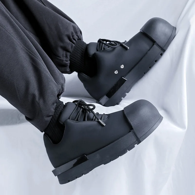 plus size men fashion punk rock platform boots black trendy genuine leather shoes cowboy ankle boot designer big toe short botas view 3