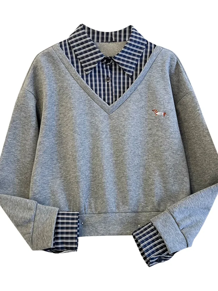 Thiened Fce Ne Sweatirt ort Sle 여성용 가을 겨울 따뜻한 탑 스티치 패치워크 롱 슬리브 티셔츠 버튼...