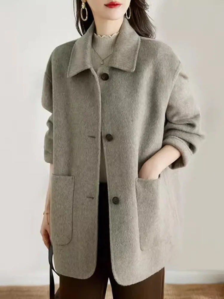 Abrigo de lana holgado para mujer, chaqueta de lana de un solo pecho, color gris, a la moda, otoño e invierno, 2023