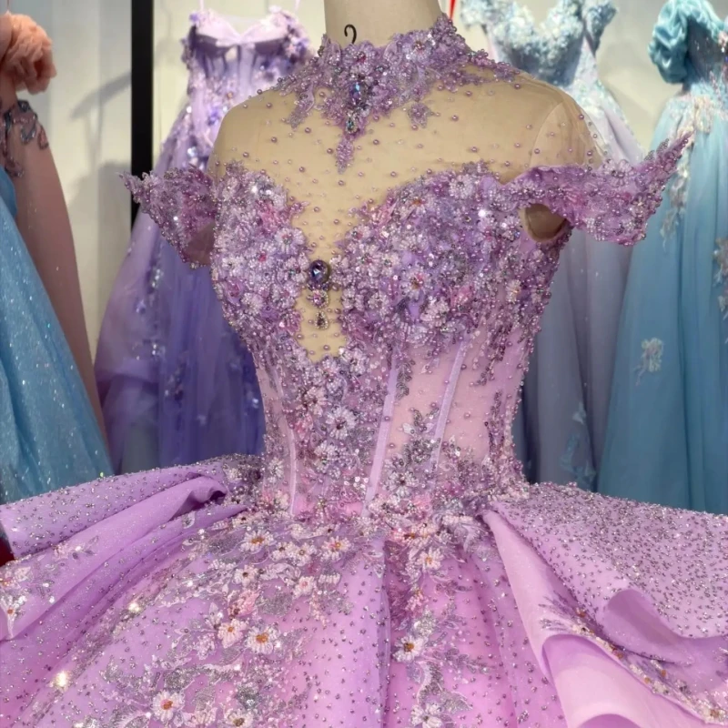 Pink Glitter Quinceanera Dresses Off Shoulder Ball Gown Sweet 16 Dress Applique lace Beading Crystal Tull Corset Birthday Vestid