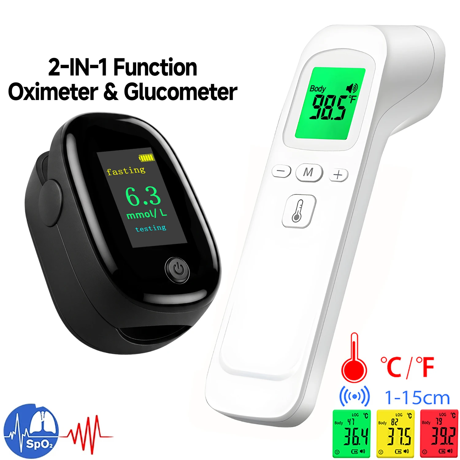 Non-contact Body IR Thermometer Fever Test Kit OR 2IN1 Glucometer + Oximeter Finger Non‑Invasive Pulse Painless Glucose Meter