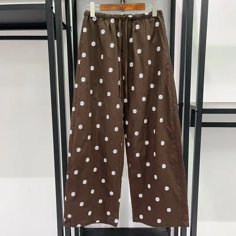 

Casual Loose Cotton Linen Blend Pants with Embroidery Easy Wear Coffee Color Small Daisy White Flower Long Trousers for Women