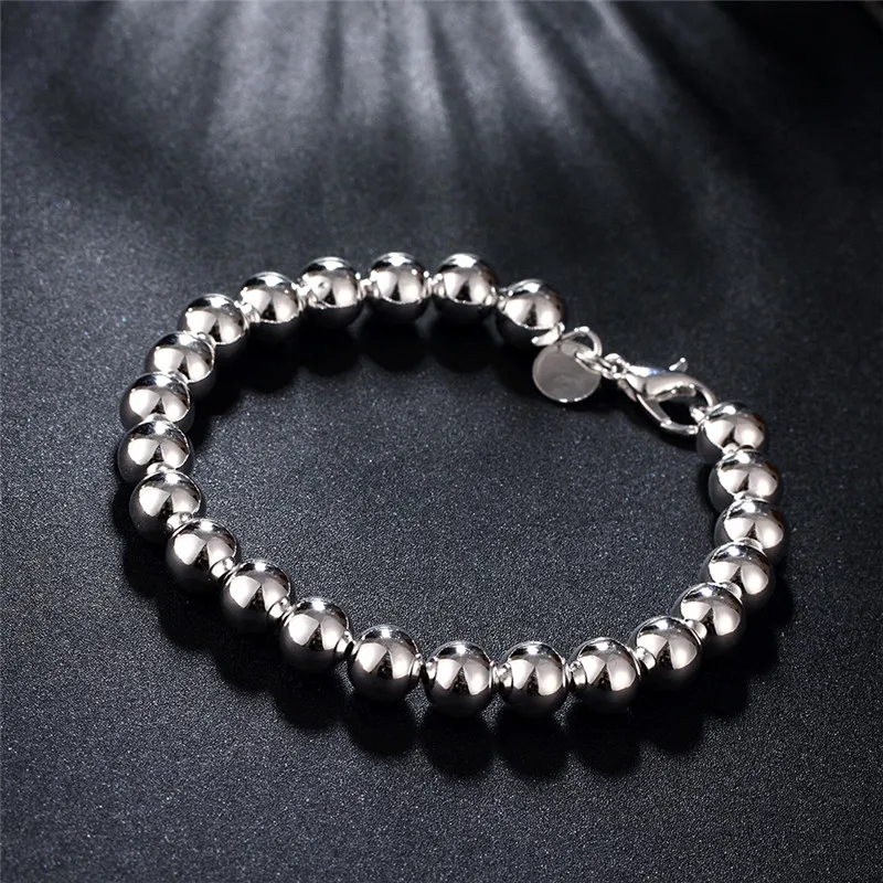 Hot New 925 Sterling Silver 8mm Beads Chain Bracelets for Woman Men Wedding Party Christmas Gifts Top Quality Jewelry