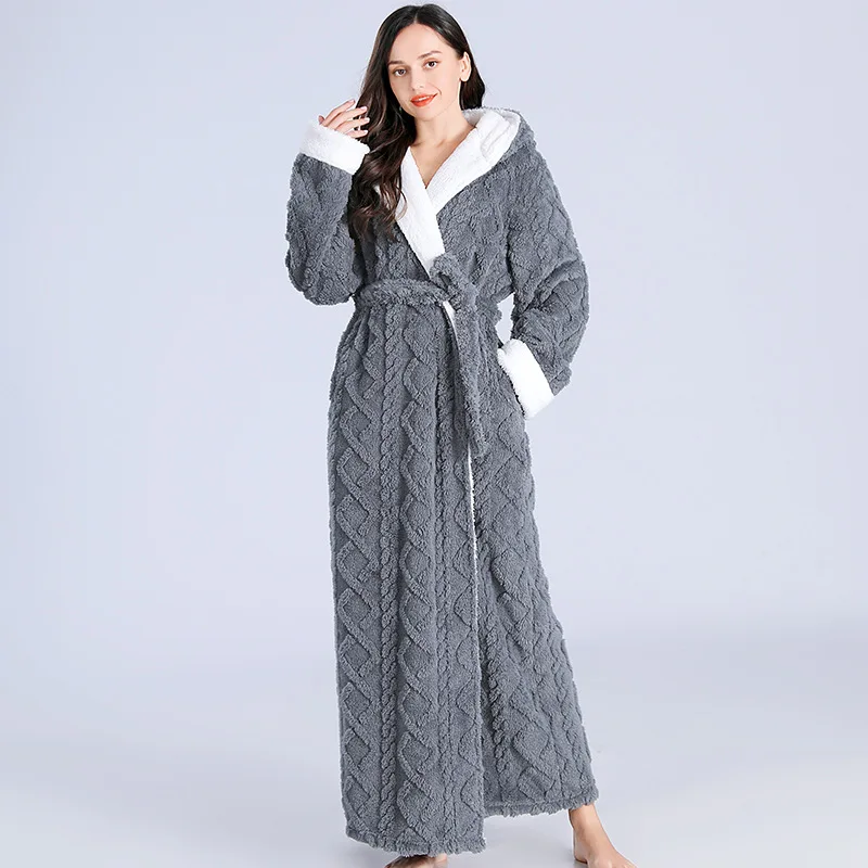 

Winter Women's Thick Bathrobe Hooded Fluffy Warm Ladies Dressing Gown With Sashes Long Robe Solid Fleece Bath Robe For Female