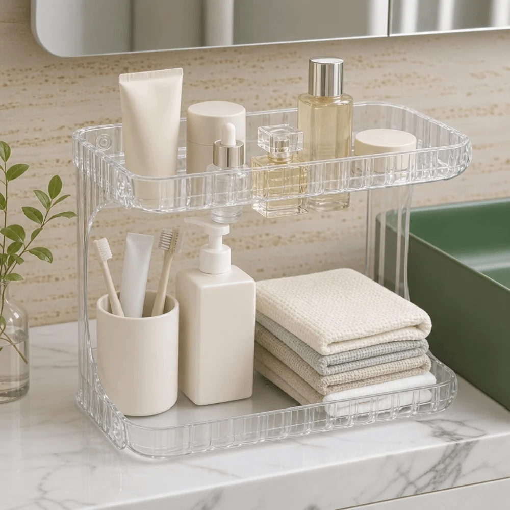 Double Layer Bathroom Organizer Transparent Large Capacity Makeup Storage Rack Display Stand Plastic Desktop Storage Shelf