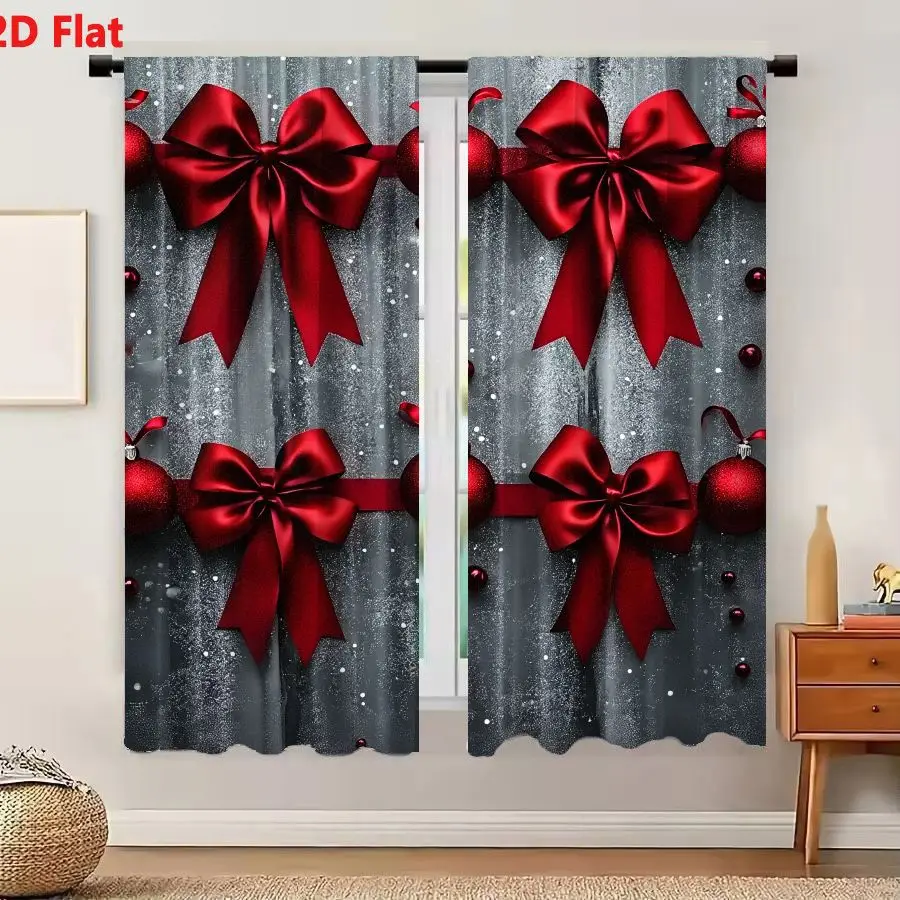 2Pcs Curtains Add 2D Flat Festive Holiday Decoration With Red Satin Ribbons Bows And Christmas Baubles On Dark Gray Wood Backgro