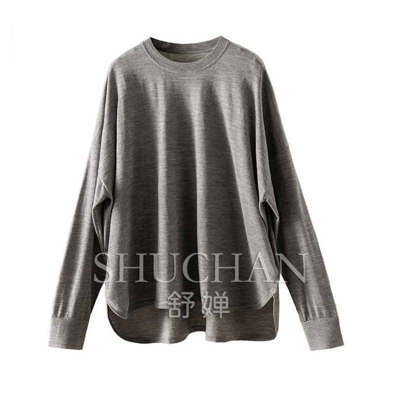 Yangzi Yarn Worsted Wool Loose Crew Neck Knitted Women 02C6 T-shirts for Women Oversized Long Sleeve