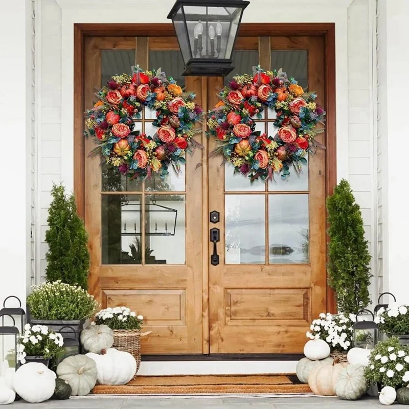 19.7-Inch Autumn Wreath Fall Wreaths For Front Door Outside,With Pumpkin Berries Suitable For Halloween Thanksgiving Easy To Use