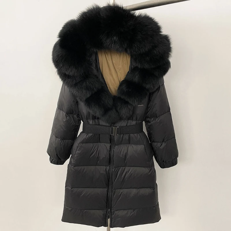 2025 nuevo abrigo de plumón de pato blanco cálido y grueso Natural 90% chaqueta larga de invierno para mujer Real piel de zorro grande cinturón con cuello Parka acolchada suelta A8