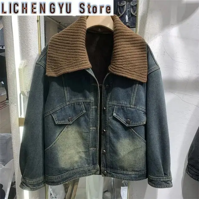 

New Autumn Winter Splicing Denim Jacket Women Long Sleeve Thick Warm Cowboy Coat Female Casual Elegant Outerwear Ladies Top