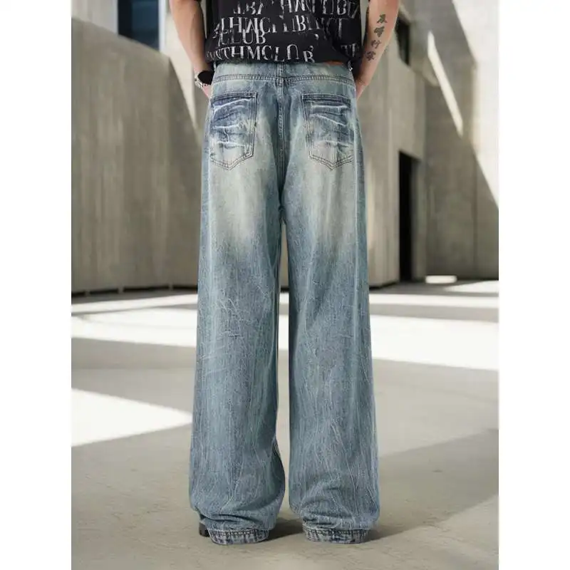 CHIC Hiphop Streetwear Baggy Jeans for Men American Vintage Blue Washed Denim Jeans Pants Women Loose Straight Wide Leg Trousers