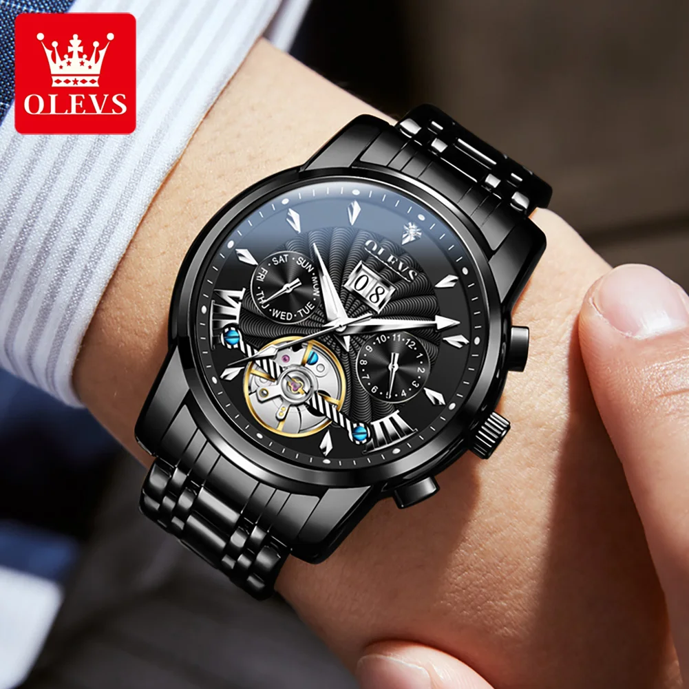 OLEVS Luxury Skeleton Flywheel Automatic Watch for Men Waterproof Luminous Multi-functional Original Mechancial Men\'s Wristwatch