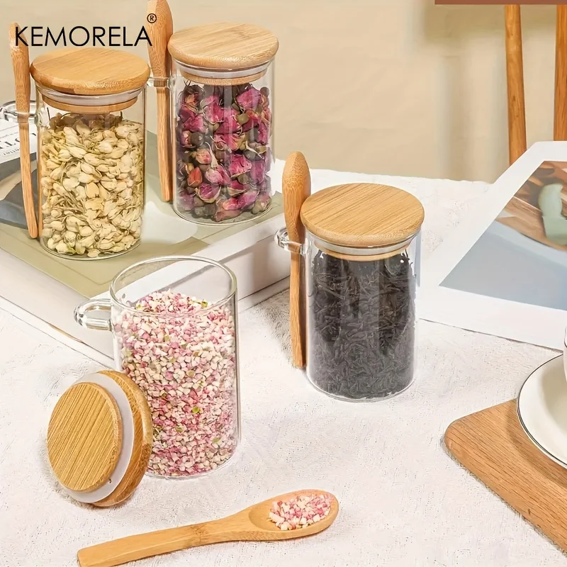 KEMORELA 8PCS 360ml Airtight Glass Jars With Lids Spoons Clear Candy Spice Oatmeal Jars Food Storage Containers Kitchen Storage