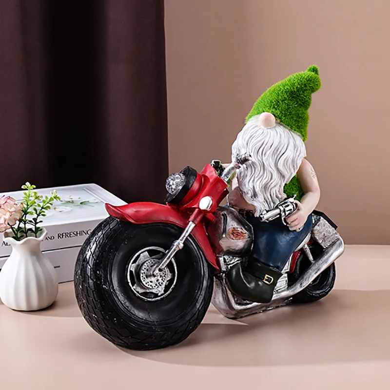 Gnome Motorcycle Statue Resin Figurine Garden Gnomes Outdoor Solar Lights Patio Yard Lawn Porch Garden Courtyard Decoration