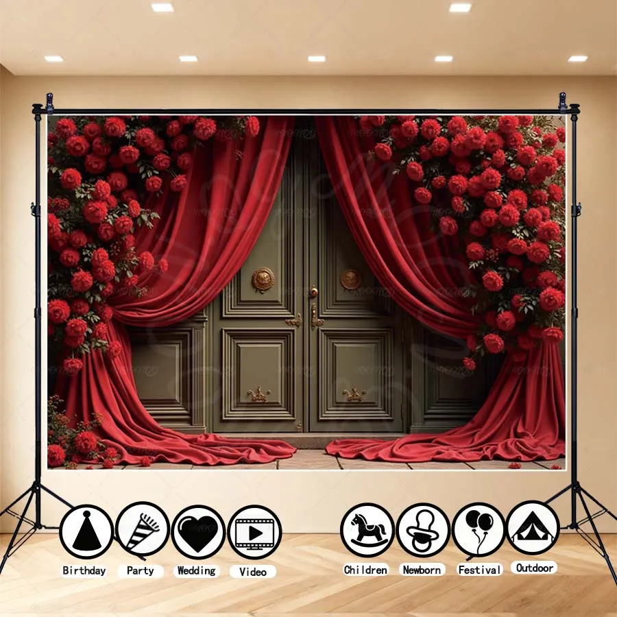 

MOON.QG Red Valentine's Day Backgrounds For Photographs Curtains Heart Balloon Wooden Door Backdrop Girl Wallpaper Accessories