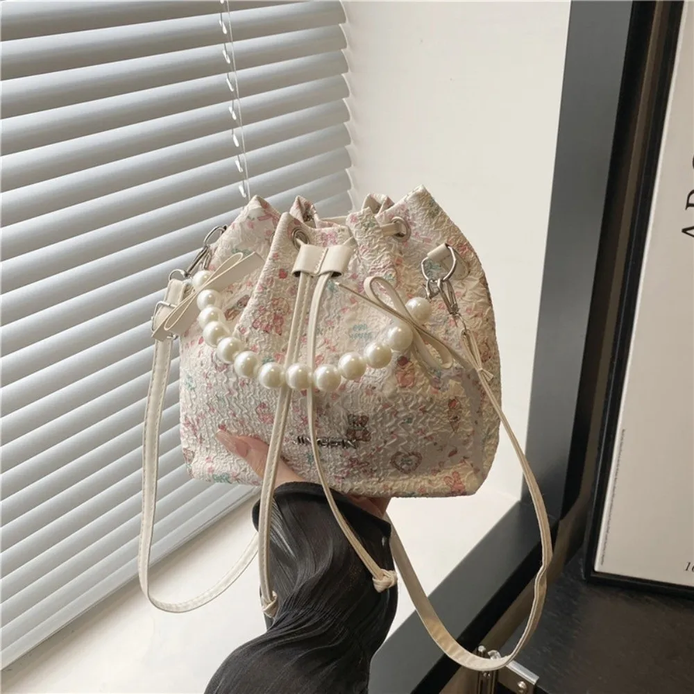 

New Drawstring Bucket Handbag Long Strap Imitation Pearl Crossbody Bag Durable Advanced Sense Shoulder Bag For Girls Women