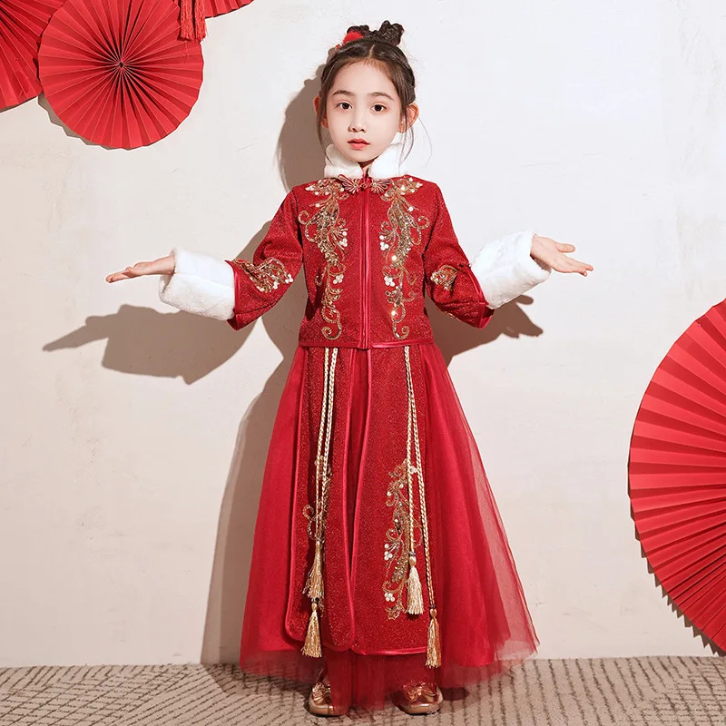 

Girls Sequined Winter New Years Dress Tang Suit Kids Chinese Lovely Ancient Hanfu Children Embroidery Cotton-padded Clothes