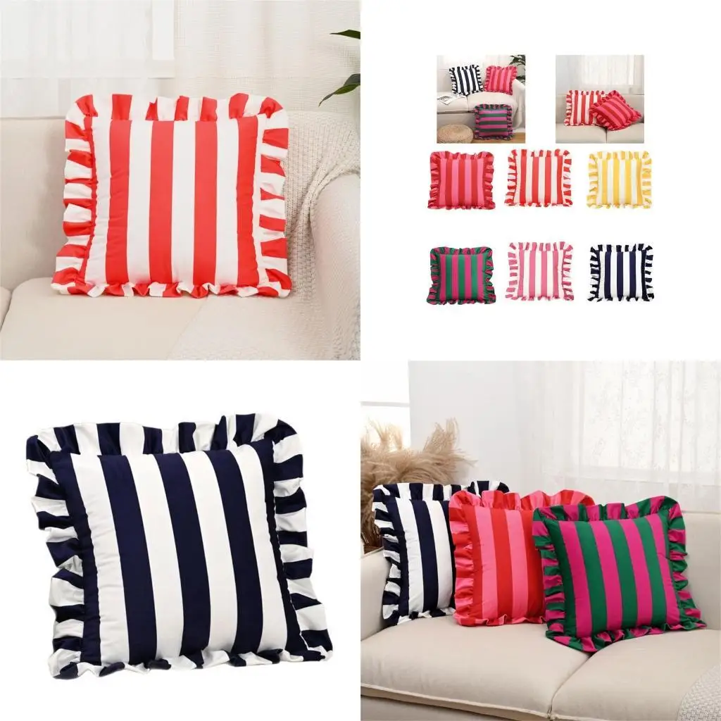 62KD Decorative Ruffled Cushion Case Soft Polyester Fabric Striped Pattern Home Accent Square Throw Pillow Cover