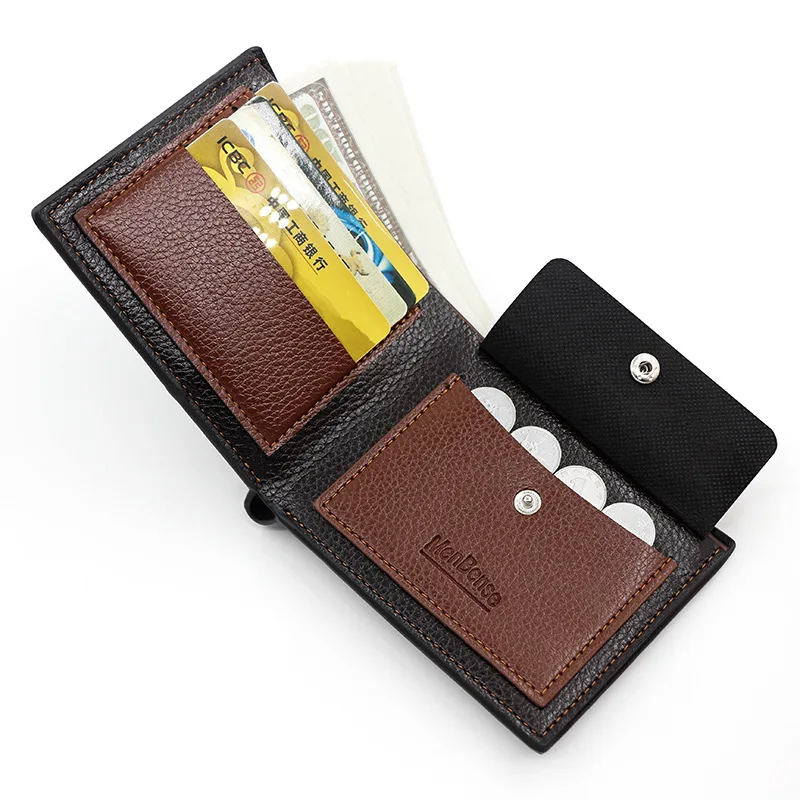 Korean Style Men's Short Wallet PU leather 2 fold Litchi Pattern Splice Zero Wallet Large Capacity Multi-card Handbag Coin Bag