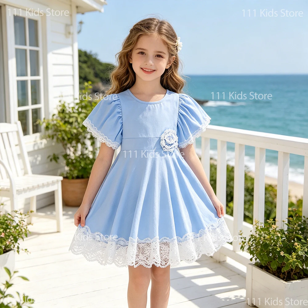 2026 New Casual Vacation Girls Summer Dress Ruffle Lace Baby Girl Princess Dress Children Flower Embroidery Outfits 0-6 Years