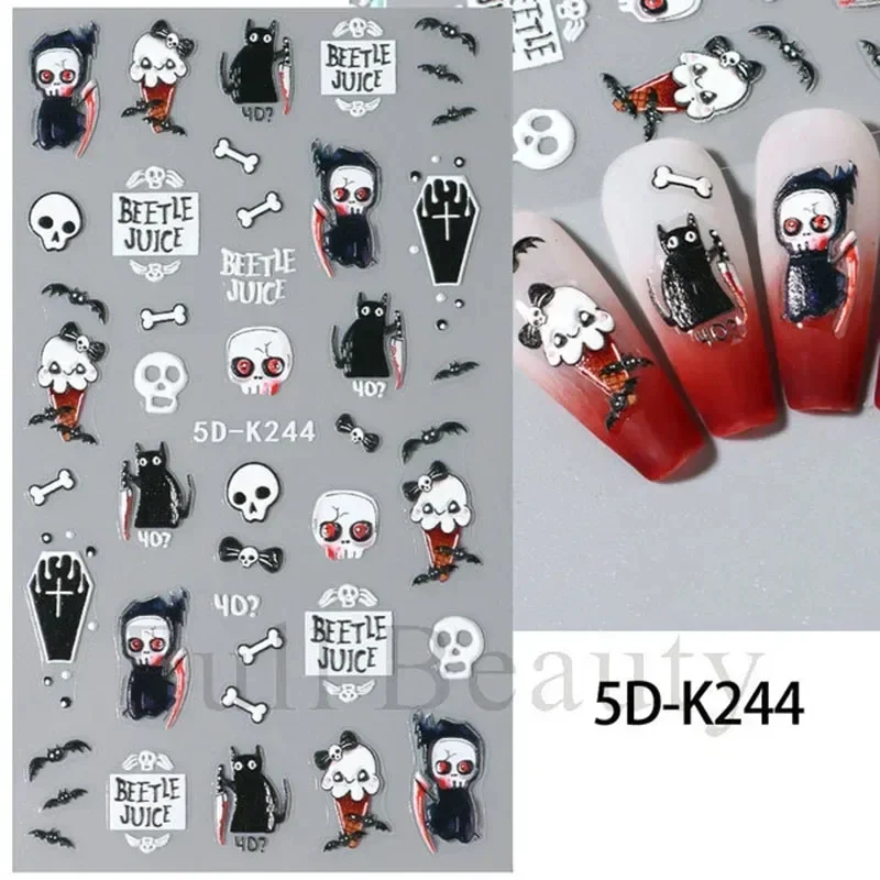 Adesivi per unghie Black Witch falce 5D in rilievo Halloween Skull Cross Bat Little Devil ail Sticker per donne e ragazze