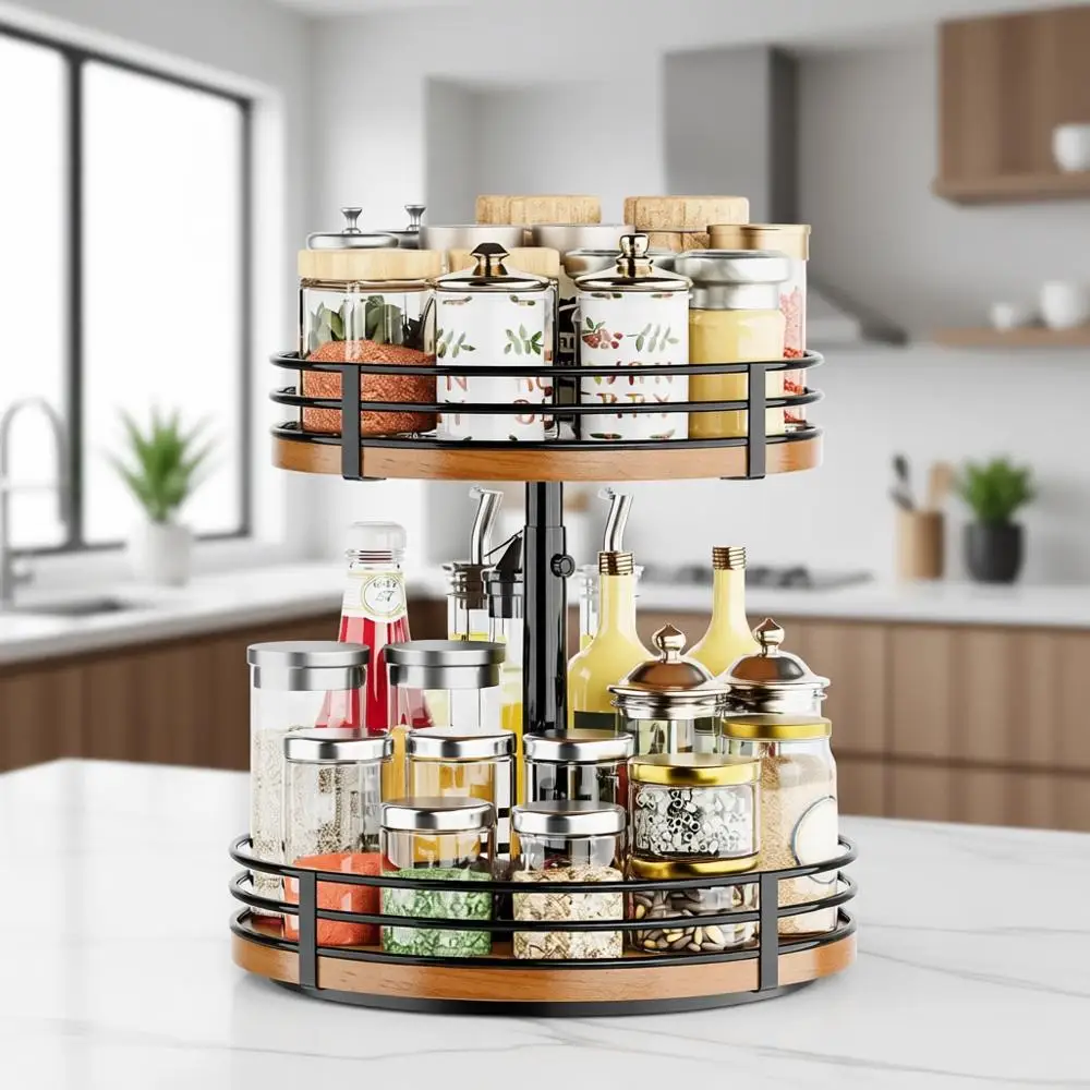

Adjustable 2-Tier Wooden 12 Rotating Spice Rack for Kitchen, Pantry, and Home Storage