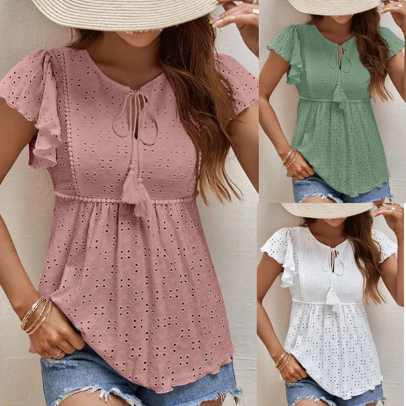 

Eyelet Embroidery Ruffle Sleeve Blouse Tie Neck Tassel Casual Summer Tops for Woman Clothes