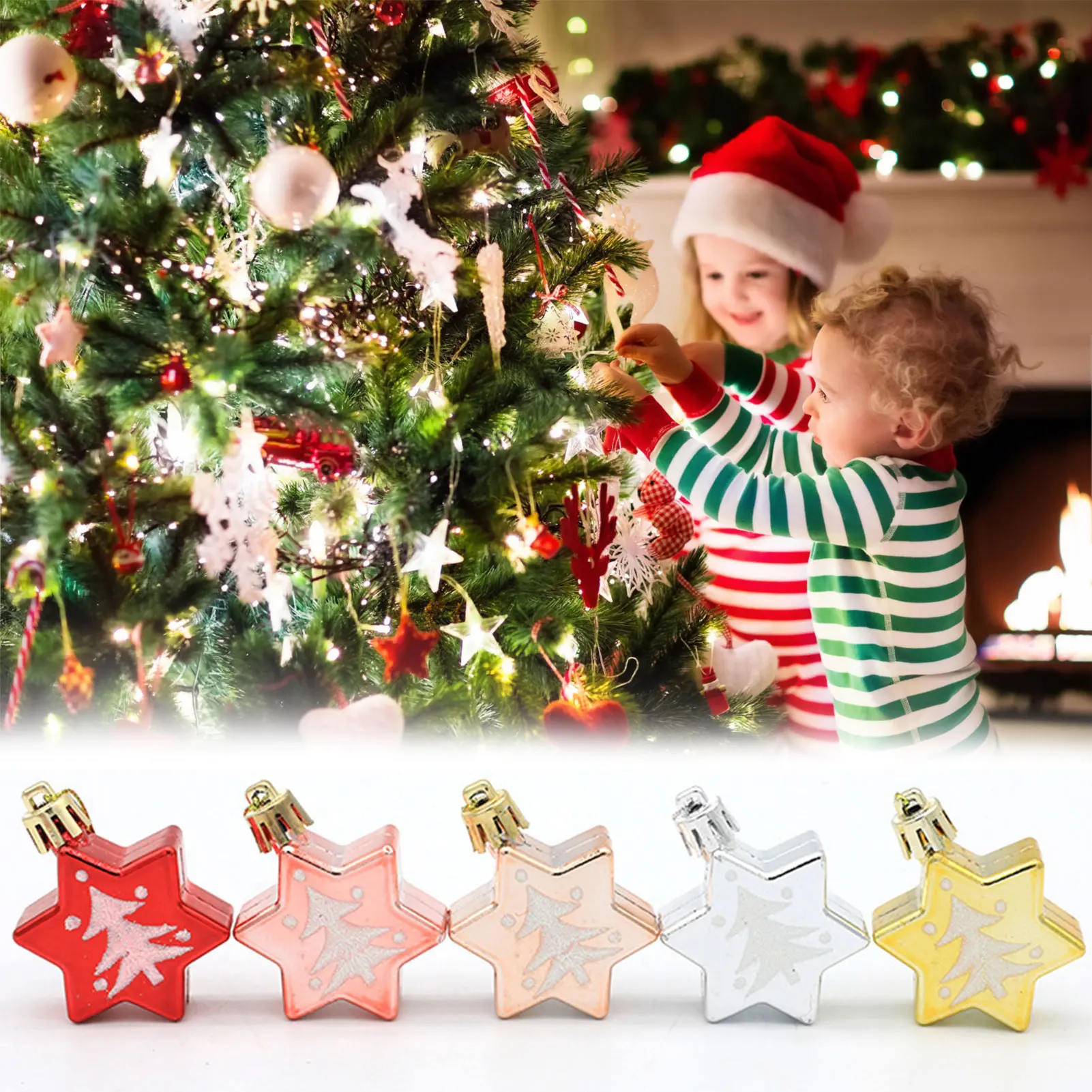 

5pcs Plastic Star Pendant Electroplated Colored Hexagonal Star Pendant For Xmas Tree Branch Wreath DIY Props Party Decorations