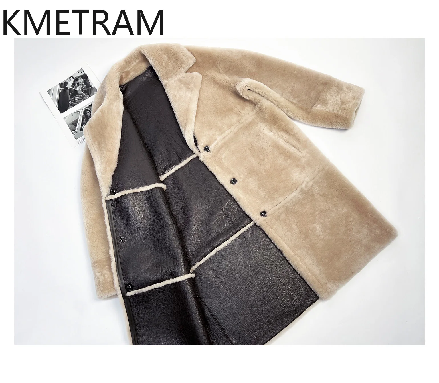 KMETRAM جلد الغنم ميرينو الطبيعي مع معطف مرفق من الصوف سترة طويلة من الفرو الحقيقي ملابس نسائية شتوية