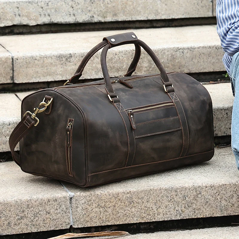 Crazy Horse-Bolso de viaje vintage para hombre, bolsa de viaje de cuero con separación húmeda y seca para zapatos de gimnasio, grande