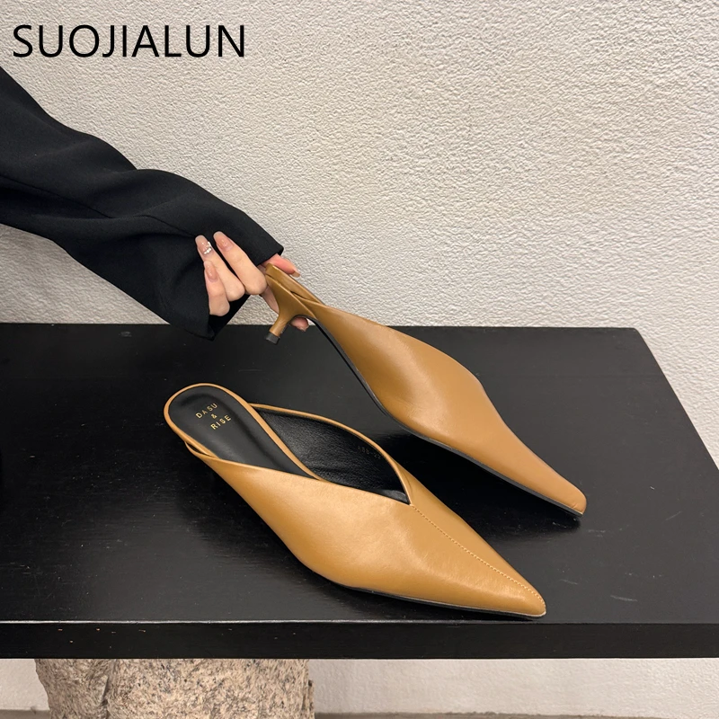 SUOJAILUN 2024 Sping New Brand Women Mules Shoes Fashion Pointed Toe Shallow Slip On Slipper Shoes Thin Low Heel Dress Sandal