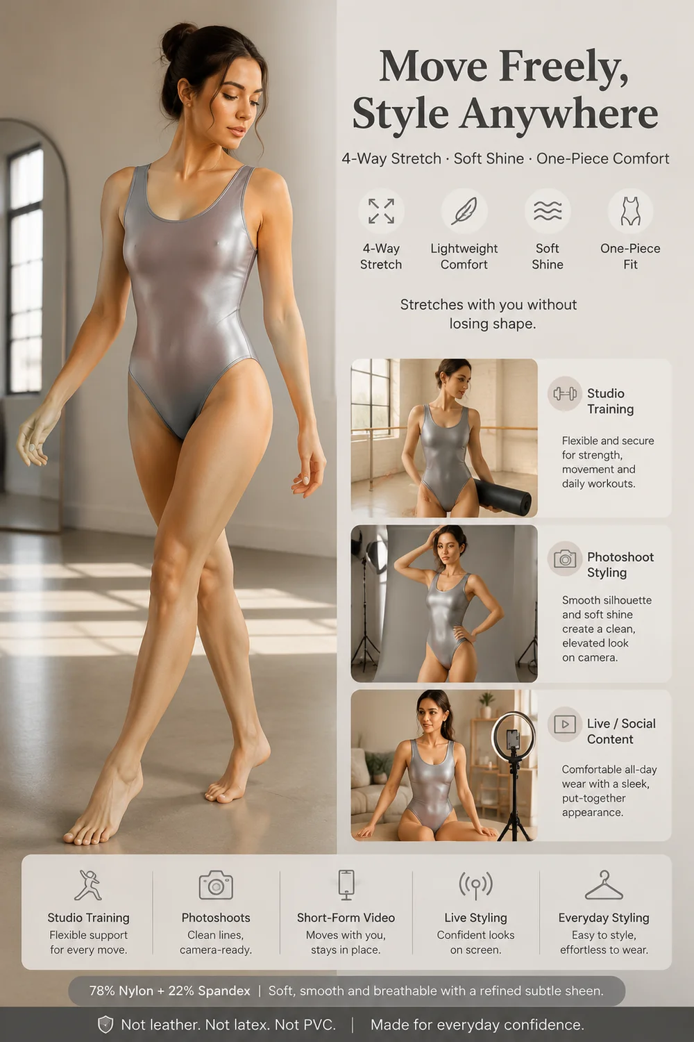 Maillot de Ballet Brillante para Mujer Adulta, Sin Mangas, Cuello Redondo, Corte Alto, Traje de Danza de Una Pieza para Entrenamiento y Actuación