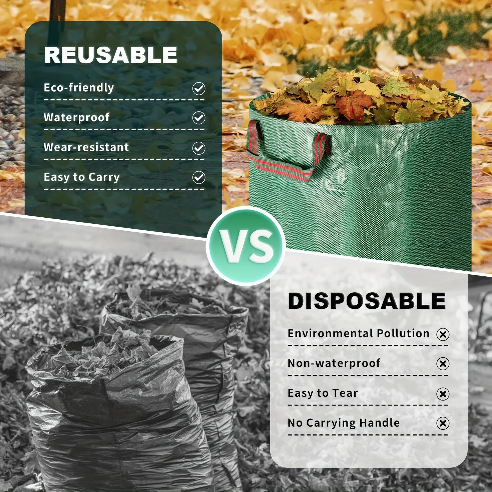 Leaf collection bag with lid, shoulder strap, and drawstring - reusable, suitable for leaf and lawn litter, yard cleaning