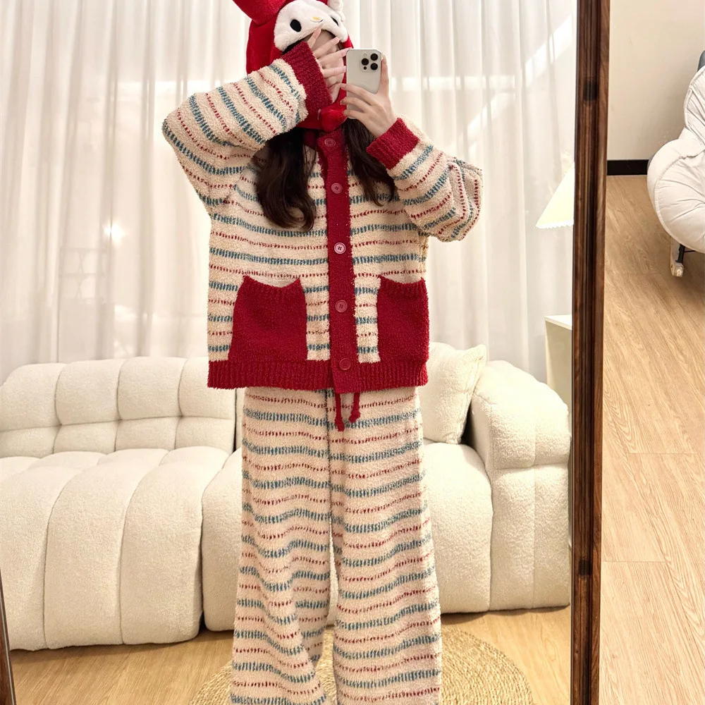 

Полосатый костюм в стиле ретро, женский новый зимний флисовый толстый кардиган + длинные брюки, рождественский и новогодний комплект домашней одежды/пижамы