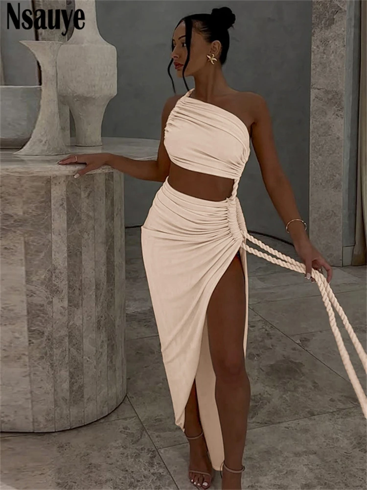 Nsauye nova moda feminina um ombro sexy ruched baixo corte longo vestido de noite 2025 verde verão festa clube vestido alta divisão