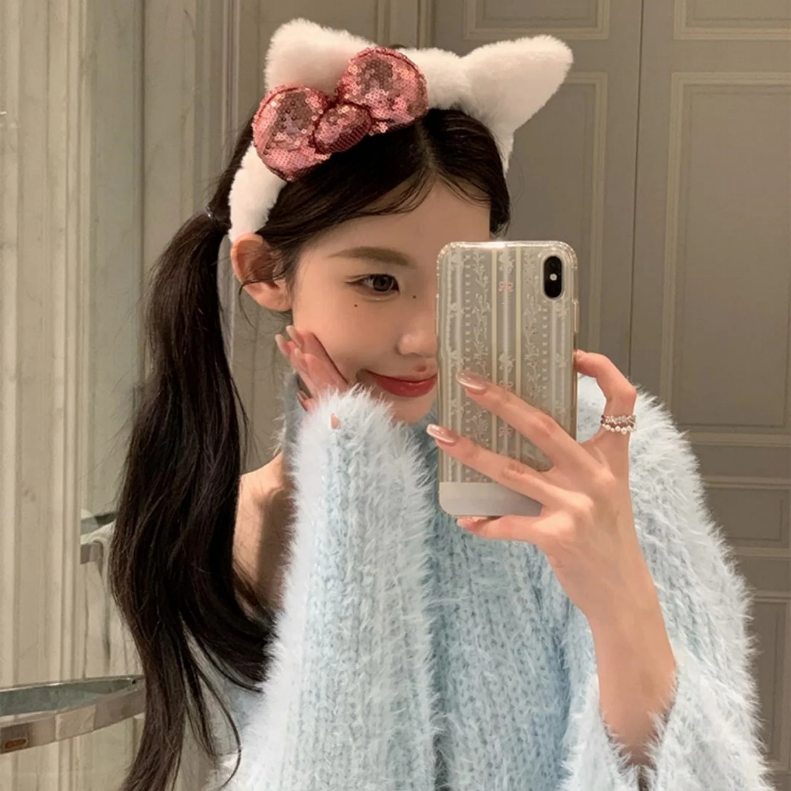 1PC Cat Ear Plush Hair Band, Casual Photo Hair Accessory, Hair Band with Bowknot, Polyester Material