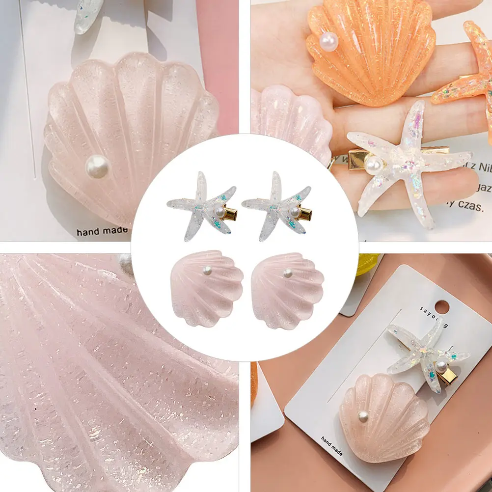 

4 pcs Shell Hairpin Suits Unique Pattern Non Slip Beach Travel Daily Wear Resin Ocean Style Hair Accessories