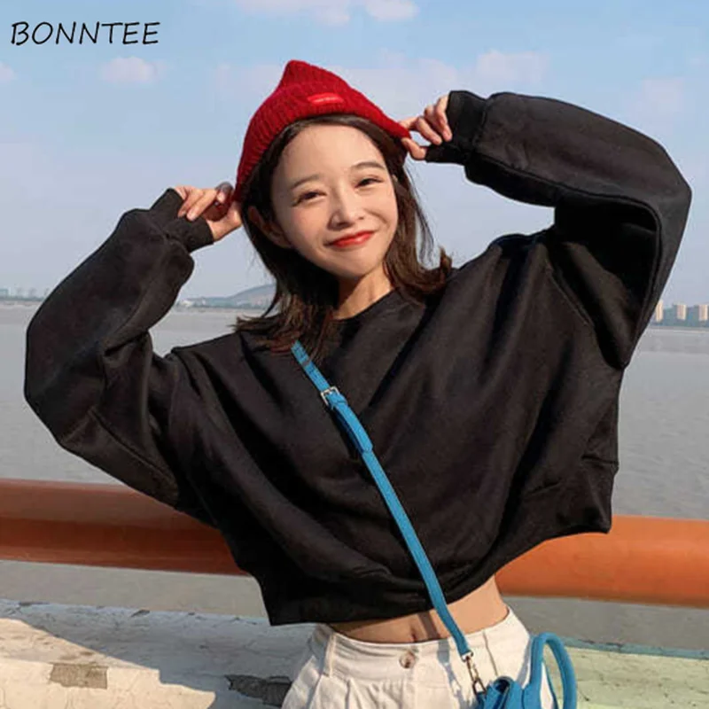 Women Sweatshirts Solid Casual Aesthetic Long Sleeve Cropped All-match Fashion Feminino Students Friends Autumn Simple Ulzzang