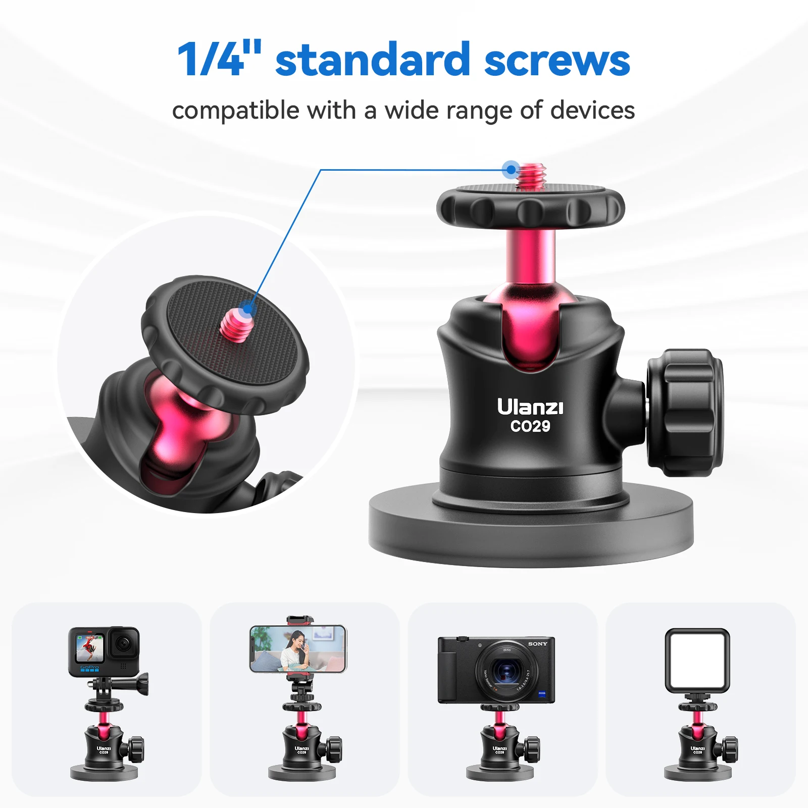 Ulanzi C029 Action Camera Suction Mount Magnetic Bracket With 1/4 Screw 360° Ballhead For Gopro 12 Phone Fill Light Gopro Base