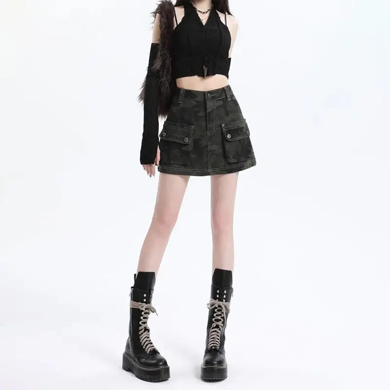 Dark Camo Multi Pocket Cargo Skort Women High Waist Y2K Mini Skirt with Built-In Safety Shorts Streetwear