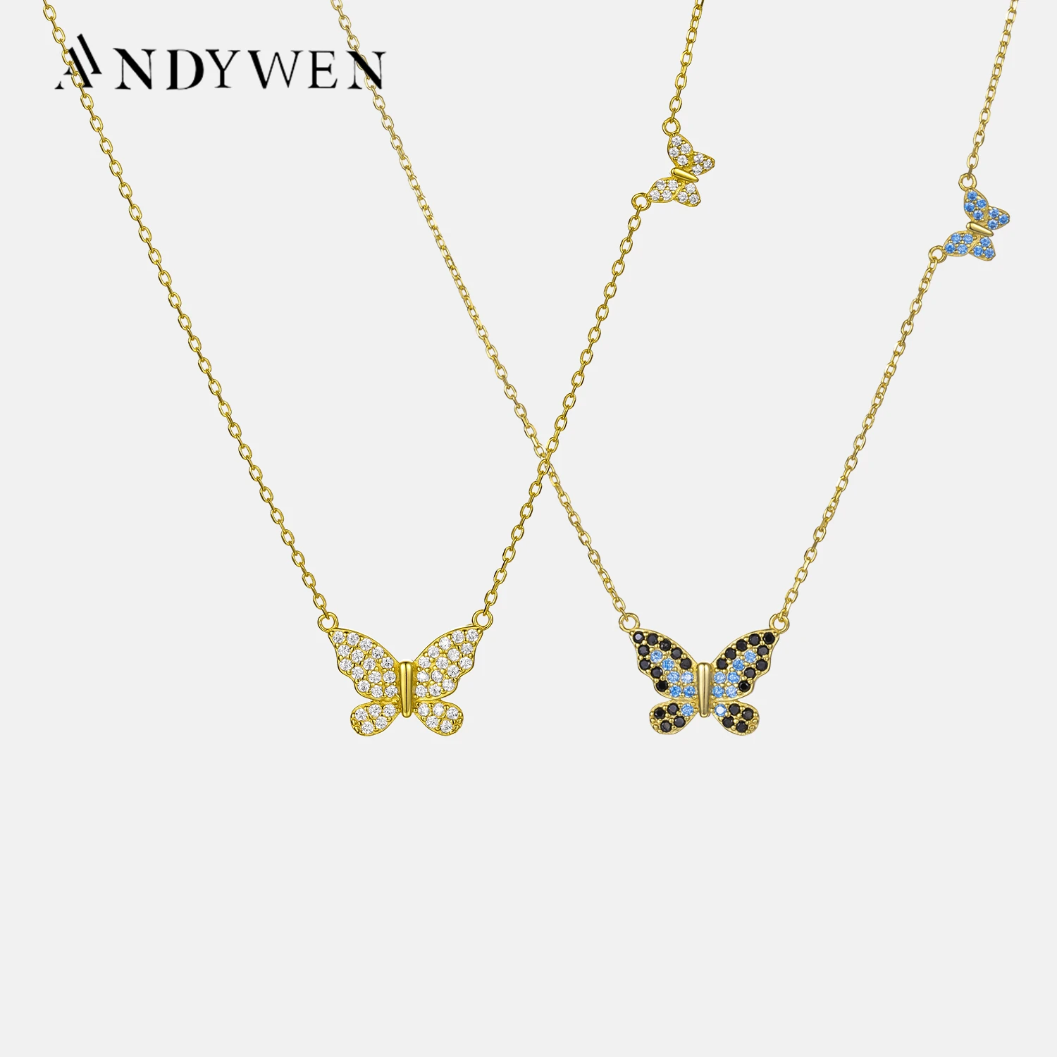 ANDYWEN 925 Sterling Silver Clear Big Butterfly Pendant Small Butterfly Long Chain Crystal Zircon Crystal Luxury Jewelry Gift