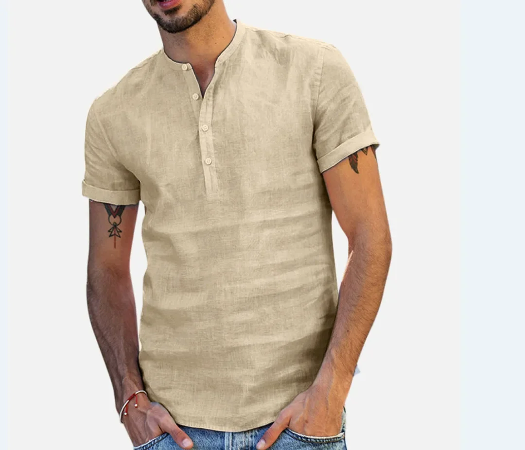 

Men Summer Cotton And Linen Breathable Shirt Stand Collar Button Short Sleeves Thin Slim Fit V Neck Male Top Garment T-shirt
